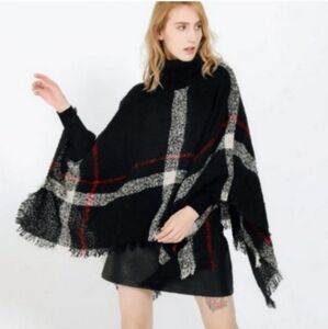 Plaid Turtleneck Poncho Cape Shawl Wrap Coverup w Fringed Hem One Size